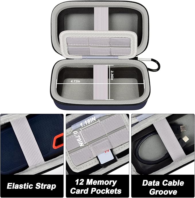 COMECASE Dual SSD Case for SanDisk Extreme Portable SSD & Extreme Pro, Hard Drive Storage Bag Fits 1TB 2TB 4TB 8TB External Solid State Drive, with 12 SD Card Slots, for Travel-Dark Blue (Box Only)