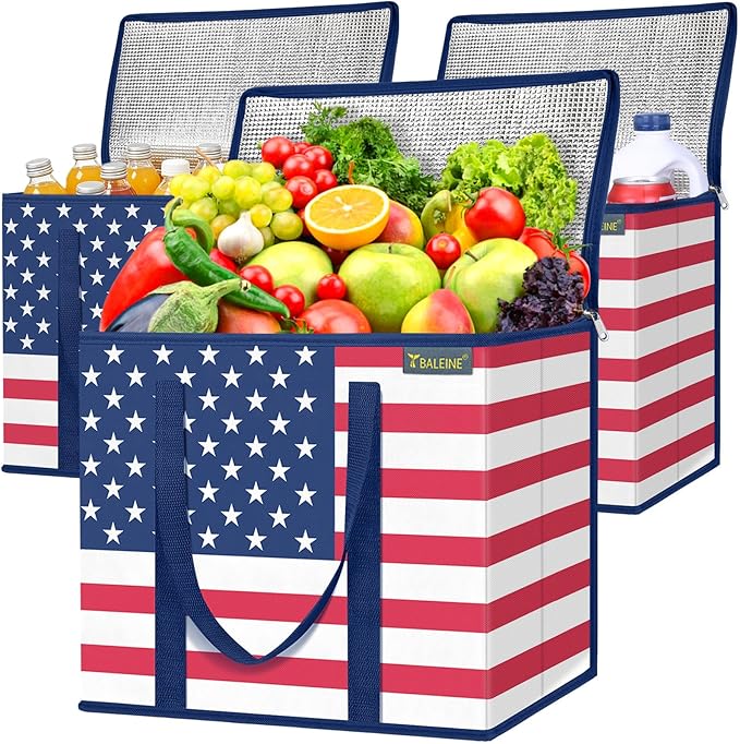 BALEINE 3Pk Insulated Reusable Grocery Bags, Foldable Shopping Bags for Groceries with Reinforced Bottom & Handles (Patriot Celebration)