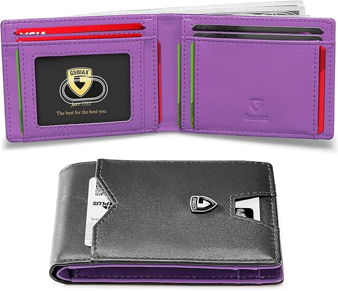 GSOIAX Slim Wallet for Men Rfid Blocking Leather Bifold Front Pocket Carbon Fiber Men's Money Clips Credit Card Holder With Gift Box