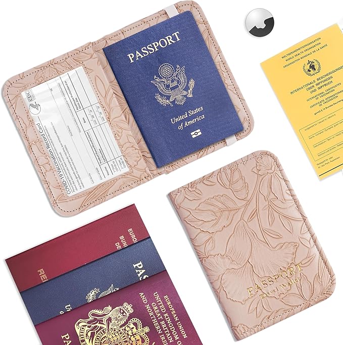 lizimandu Passport Holder with Airtag Slot, Airtag Passport Wallet for Men Women, Slim Leather Passport Holder Case Family for Travel Anti-Lost(1-Carved Brown)