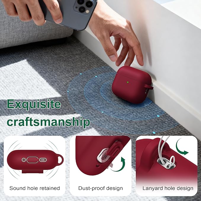 R-fun for AirPods Pro 3 Case (2025), Soft Silicone Protective Case Cover Compatible with Apple AirPods Pro 3rd Generation (USB-C Cable) for Women Men with Cleaning Kit and Keychain, Wine red