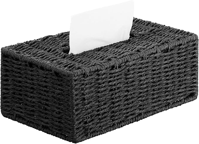 Black Tissue Box Cover Rectangle Natural Paper Rope Hand Woven Tissue Box Holder for Bathroom Living Room Bedroom Kitchen Table Desk Office Farmhouse Home Decor