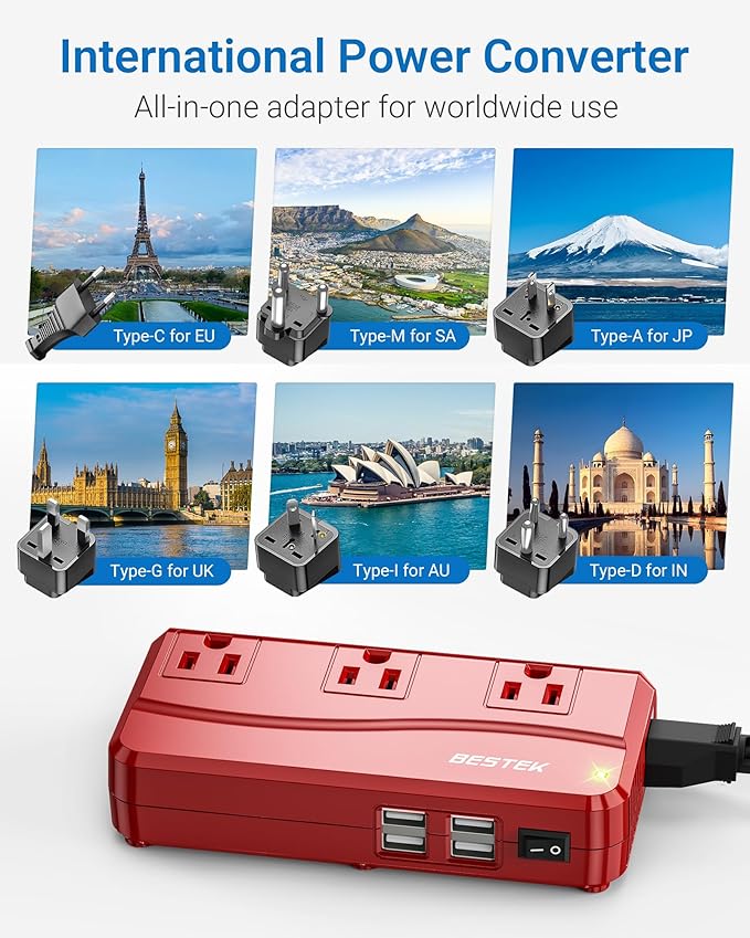 BESTEK International Power Adapter 300W, 220V to 110V Step Down Travel Voltage Converter with 4-Port USB Including US/AU/EU/UK//India/South Africa Plug Adapter (Red)