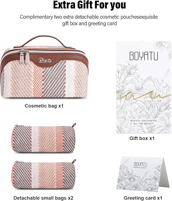 BOYATU Travel Makeup Bag Cosmetic Bag for Women: 3 Pcs Set Make up Bag with Compartments - Waterproof Vegan Leather Toiletry Bags with Handle - Makeup Organizer for Travel Essentials(C-5-Coffee)
