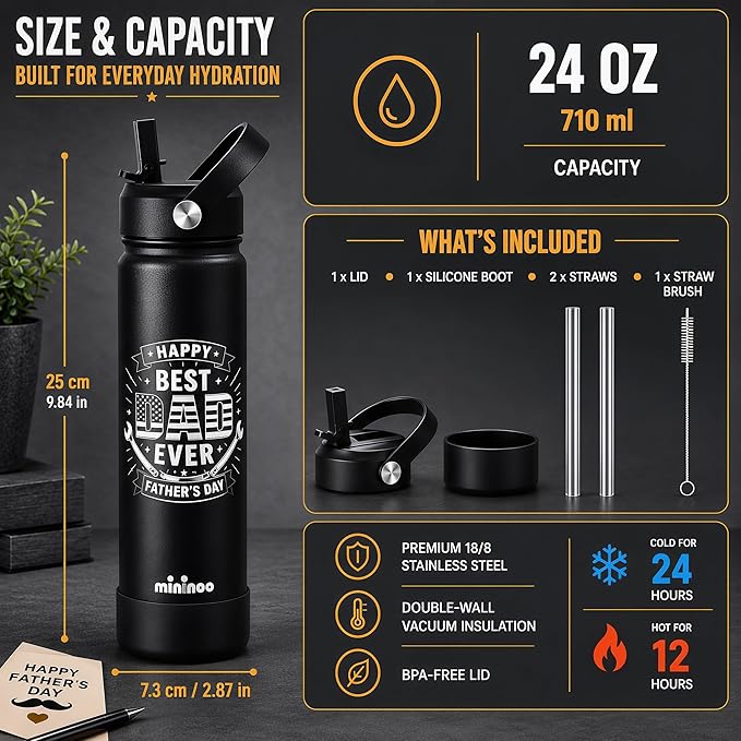 Father’s Day Gift, 24oz Insulated Stainless Steel Water Bottle with Straw Lid, Gifts for Father, Husband, Grandpa from Daughter Son
