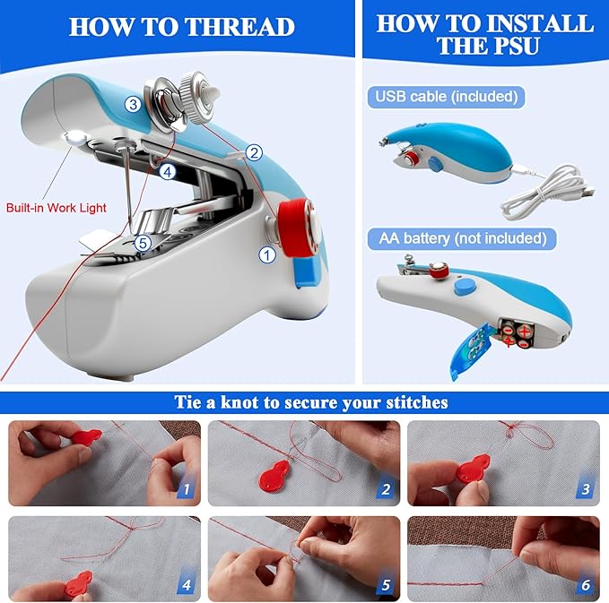 Portable Handheld Sewing Machine with 110 PCS Sewing Kit & Blue Leather Case, Dual-Speed, Built-in Work Light, Dual Power Supply. Perfect for Home & Travel, for Adults & Beginners, for Clothes & Jeans