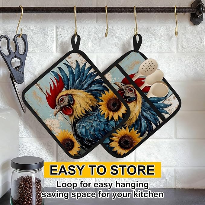 Rural Farmhouse Rooster Pot Holders with Pockets 2 PCS, Heat Resistant Oven Mitts Hot Pads for Kitchen Baking Cooking, Square Thick Pot Holders Kitchen Hot Potholders, 8.5x10 Inches
