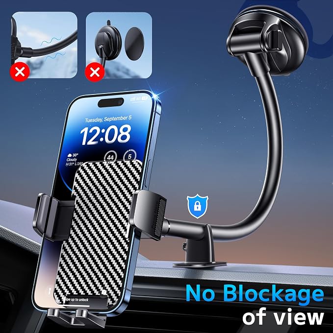 Phone Holders for your Car [Long Flexible Neck] Car Phone Mount [Anti-Shake Stabilizer] Cell Phone Holder Car for Dashboard Windshield Automotive Accessories Fit for iPhone Android Smartphone