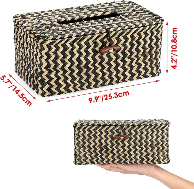Sumnacon Tissue Box Cover Rectangle Tissue Box Seagrass Tissue Box Holder Woven Tissue Holder Decorative Tissue Cover for Bathroom Tissue Box Cover Rectangular for Home Office Table,Mixed Black