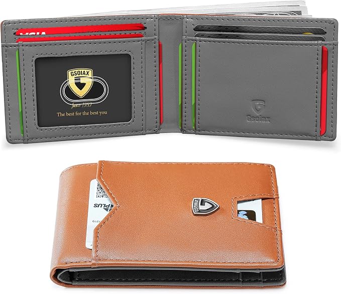 GSOIAX Slim Wallet for Men Rfid Blocking Leather Bifold Front Pocket Carbon Fiber Men's Money Clips Credit Card Holder With Gift Box
