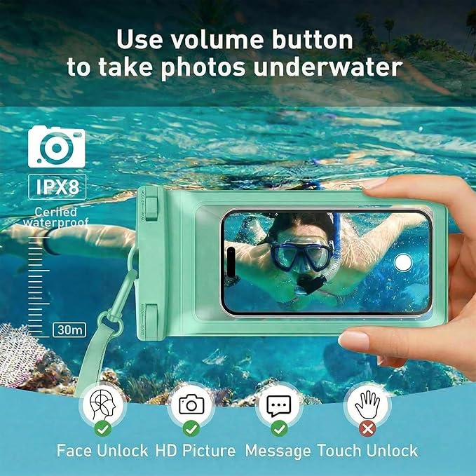 Waterproof Phone Pouch, with Interior Card Pocket, Large Waterproof Phone Case for iPhone 17 16 Pro Max, IPX8 Lightweight Cellphone Dry Bag, Beach Cruise Ship Essentials,1 Pack-Green-8.3″