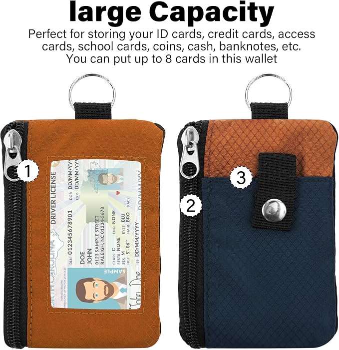 Minimalist RFID Wallet with Lanyard, Multi-functional ID Case with 2 Zipper Pockets and Key Chain for Men and Women, Tactical Badge Pouch Cards Holder, Coin Purse for Travel Sports - Orange&Blue
