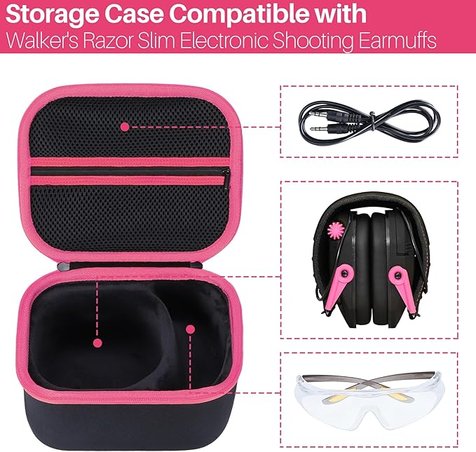 Lebakort Storage Case Compatible with Walkers Razor Slim/Howard Leight Honeywell Impact Sport/PROHEAR 066 030 Electronic Shooting Earmuffs Hearing Protection Muffs (Black + Pink Case)