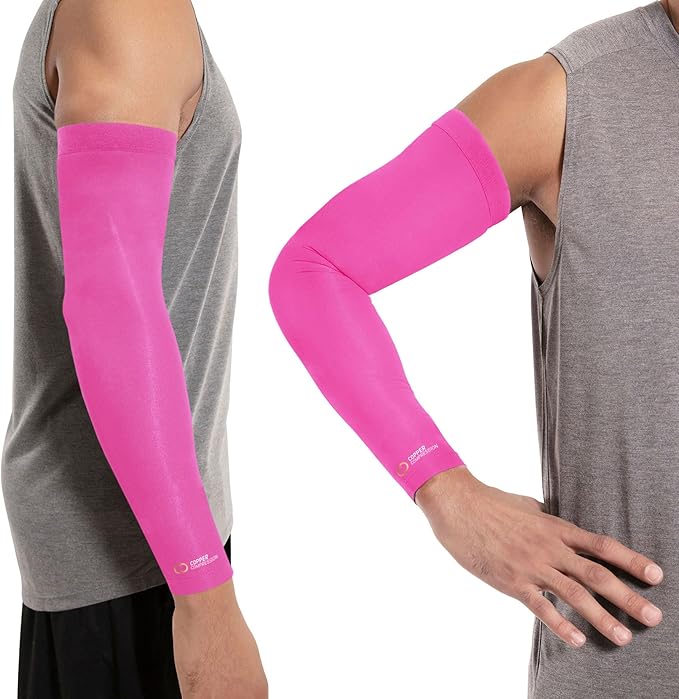 Copper Compression Arm Sleeve - Copper Infused Full Arm Brace for Forearm, Bicep, Triceps - Tennis Elbow, Basketball, Golf, Arthritis, Tendonitis, Bursitis, Post Surgery Rehab - Odor Resistant - Pink - S