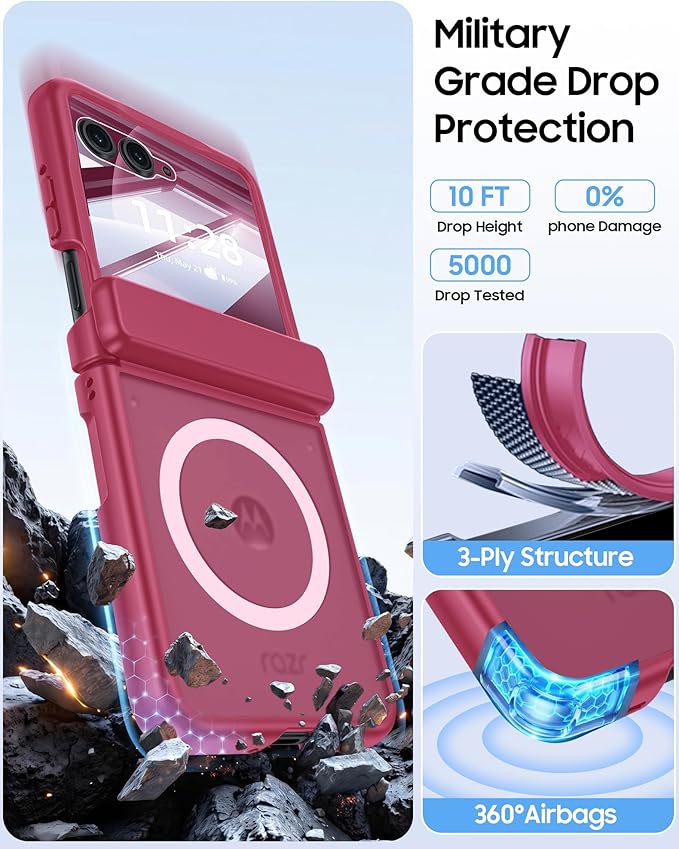 Magnetic for Motorola Razr+ Plus 2026,Razr+ 2025/2024 Case,Hinge Protection, Screen Protector, Compatible with MagSafe, Translucent Frosted, Shockproof Cover for Razr+ 2026/2025/2024-Rose Red