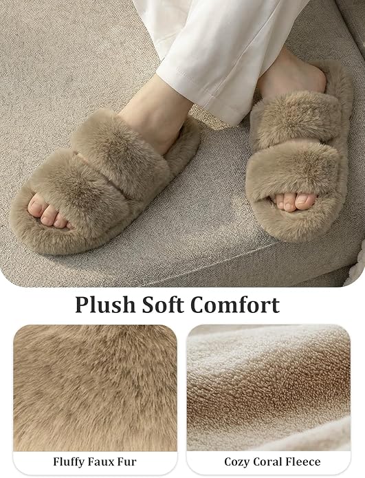 FamilyFairy Women's Fluffy Faux Fur Slippers Comfy Open Toe Two Band Slides with Fleece Lining and Rubber Sole