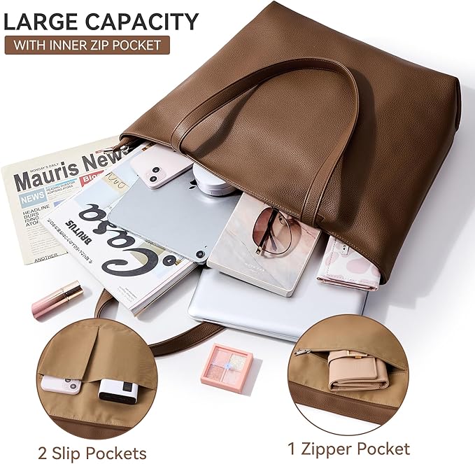 WLLWOO Soft Vegan Leather Tote Bag for Women Large Casual Hobo Handbags Zipper Shoulder Work Daily Weekender Travel Purse