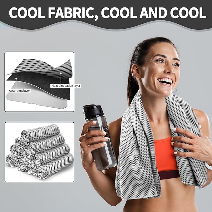 Honoson 10 Pcs Cooling Towel Bulk - Neck & Face Cool Chilly Towels Microfiber Breathable Sport Sweat Rag for Gym, Yoga, Travel, Camping, Running, Outdoor (Grey)