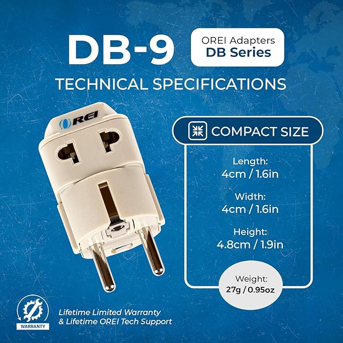 OREI European Power Adapter Plug, Perfect for Travel To Europe, Germany, France, Spain, Norway, Korea - Universal Socket - Type E/F Outlet - 2 Inputs - Safe Grounded Connection