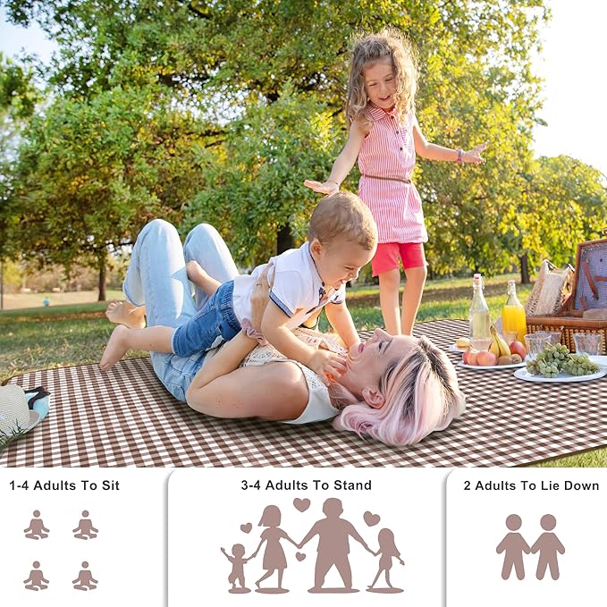SAMSIER Outdoor Picnic Blankets Waterproof Foldable Sandproof, Large Gingham Cute Picnic Mat Washable Portable for Park Beach Camping Courtyard (Brown, 60"×80")