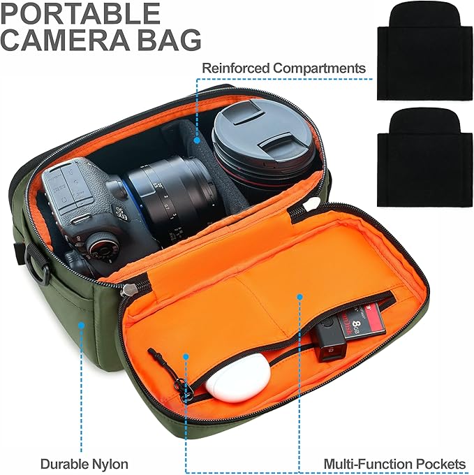 Padwa Lifestyle Green Small Portable Camera Bag - Compact Nylon Camera Photography Bag Weather Resistant with Lens Compartment,Casual Camera Bag for Small Digital,SLR,Mirrorless Cameras