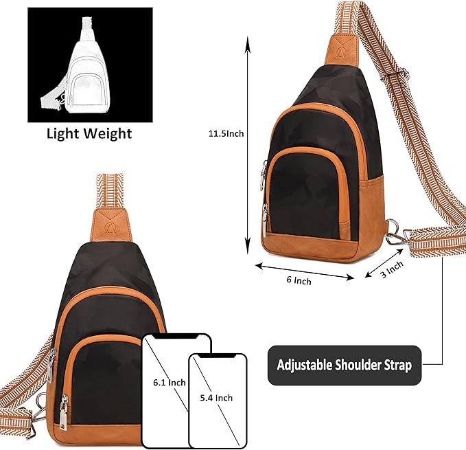 AO ALI VICTORY Fanny Packs for Women Small Crossbody Bags Sling Purses Anti Theft Cross Body Shoulder Bag for Travel Work Waterproof Nylon Chest Bag with Leather Gifts for Mom（Brown- Geometric Black）