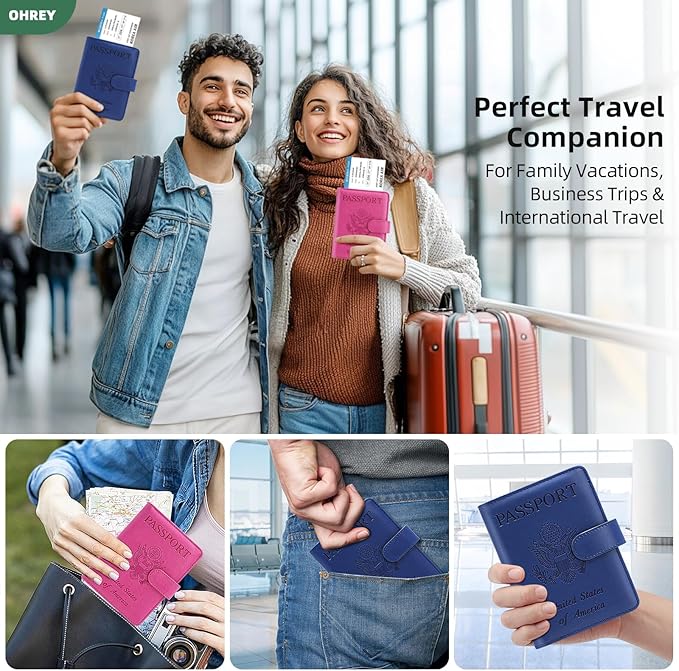 2 Pack Passport Holder for Travel with Luggage Tag Cover – RFID Blocking Passport Wallet Holder for Women & Men | PU Leather Passport Case with Money Pocket & Magnetic Clasp, Blue & Pink