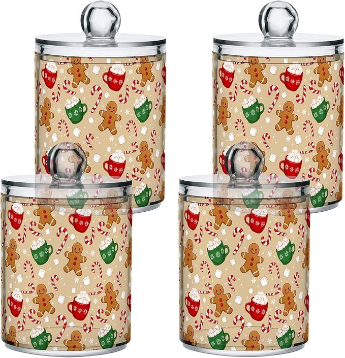 Gredecor Qtip Holder Dispenser 2 Pack Cute Gingerbread Men Snowflakes Candy Bathroom Decorative Storage Canister Holder Counter Vanity Organizer for Cotton Ball Swabs Pads Floss