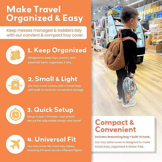 Little Traveler Airplane Tray Table Cover – Universal Fit & Easy Setup – Airplane Tray Cover Kids - Use in Buses, Trains, High Chairs I Plane Travel Essentials for Kids 1-5 Years