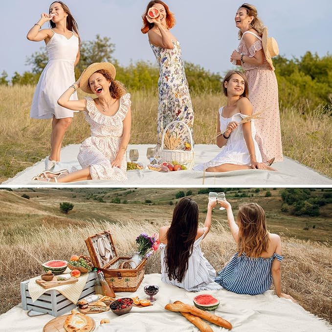 Hahafelt Extra Large Outdoor Picnic Blanket Oversize Beach Woven Cotton Yarn Blanket with Fringe Machine Washable Sandproof Portable for Spring Summer Camping Beach Park (Beige)