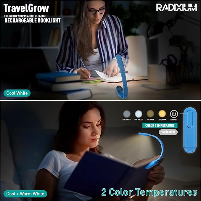 Rechargeable Book Light for Reading in Bed, 4 Color Temperatures Eye-Caring LED, Portable Clip On Reading Light with Magnetic Base, Hands-Free for Travel, Night Reading (biue)