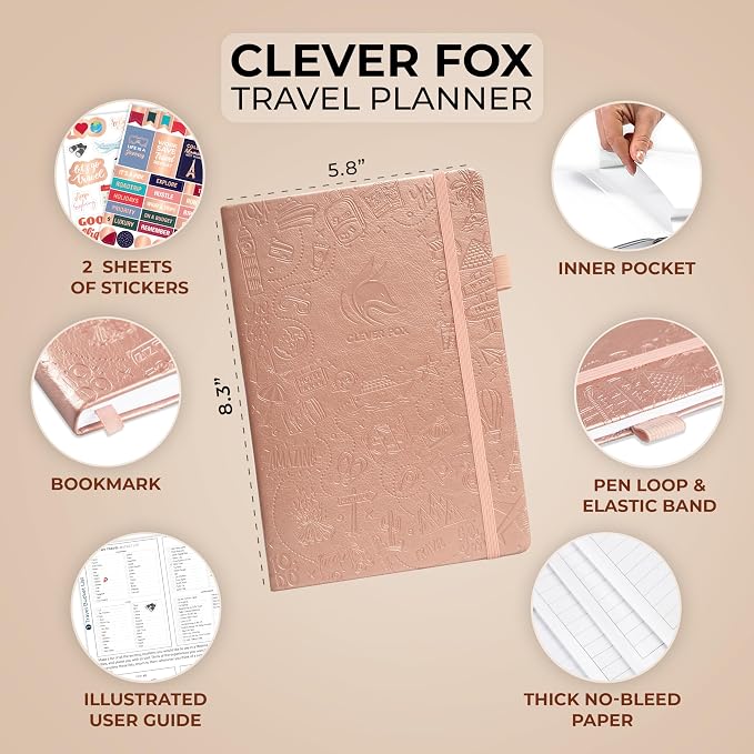Clever Fox Travel Journal – Vacation & Trip Organizer with Budget Plan, Packing List, Travelling Expense Tracker, A5 (Rose Gold)