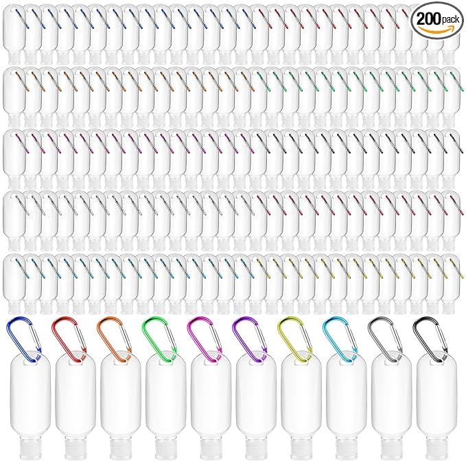 FairySandy 200 Pcs Traveling Bottles with Keychain 2oz Clear Plastic Hand Sanitizer Holder Keychain Empty Refillable Liquid Packing Container Squeeze Plastic Bottle with Lid,Rectangle