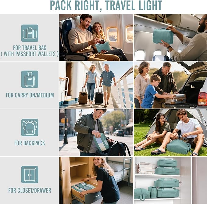 Veken 8 Set Packing Cubes for Travel Essentials,Anti-Wrinkle Buckled Suitcase Organizer for Shoe & Toiletry Bag,Carry On Luggage Bag for Airplane & College Dorm Room Accessories,Women Men Gifts