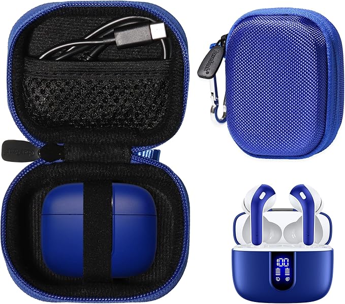 Case for TAGRY X08 Bluetooth Headphones True Wireless Earbuds 60H, mesh Pocket for Charge Cable (Blue)