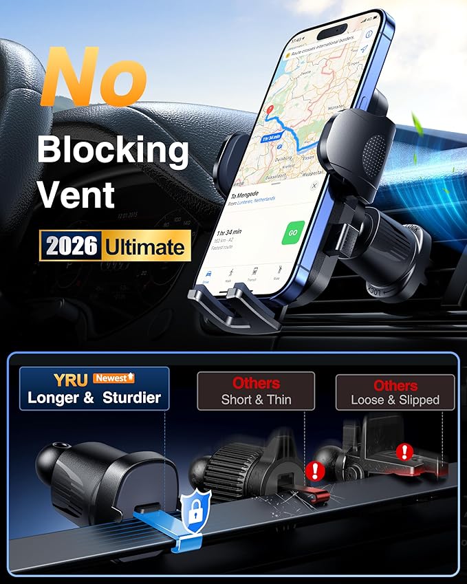 YRU True Military-Grade [360° Rotation Suction] 2026 Ultimate Car Phone Holder Mount 【90+LBS Safest Strongest & Patent Certs】 Dashboard Windshield Vent for iPhone 17 16 Pro Max Samsung, Red