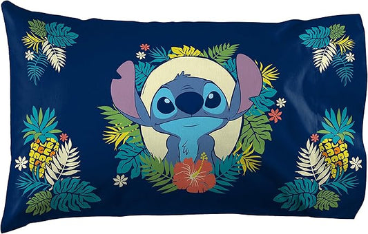 Jay Franco Lilo & Stitch Hawaii Garden (Pack of 1) Pillowcase - Double-Sided Kids Super Soft Bedding (Official Product)