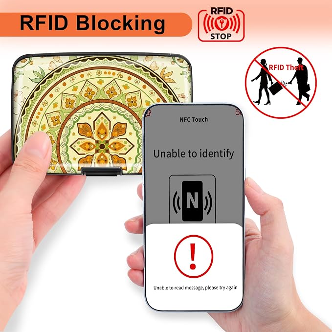 Mayski 2 Pack Credit Card Holder for Women, RFID Blocking, Yellow Mandala Aluminum Alloy Hard Case, Small Mini Business Metal Wallet for Men