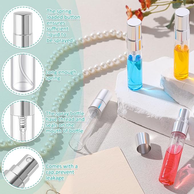 Zhehao 1 Pcs Mini Spray Bottles 5 ml Clear Glass Perfume Bottles Refillable Fine Mist Perfume Atomizer Portable Empty Sample Containers for Cleaning, Essential Oils, Travel (Silver Cap)