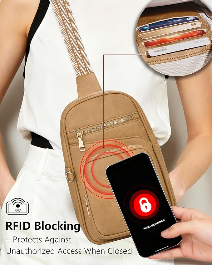 Anti Theft Crossbody Bags for Women,RFID Sling Bag Travel Purse,Vegan Leather Cross Body Purses Chest Bag for Travel(khaki)