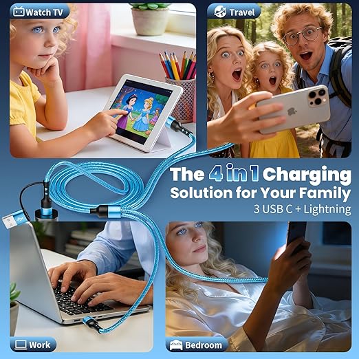 Travel Essentials, 4 in 2 Multi Charging Cable 3 USB C Chargers for iPhone 17, Multi Charger Cord with 3 Type C/IP, Compatible for iPhone 17 to 11, Android, Galaxy, iPad, Data Sync, 5 FT