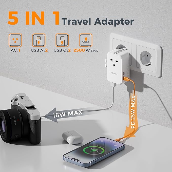 TESSAN Universal Travel Adapter PD 25W, International Power Adapter, Ultral Thin Universal Adapter with 2 USB A 2 USB C for US to European UK Australia Ireland(Type C G A I) White