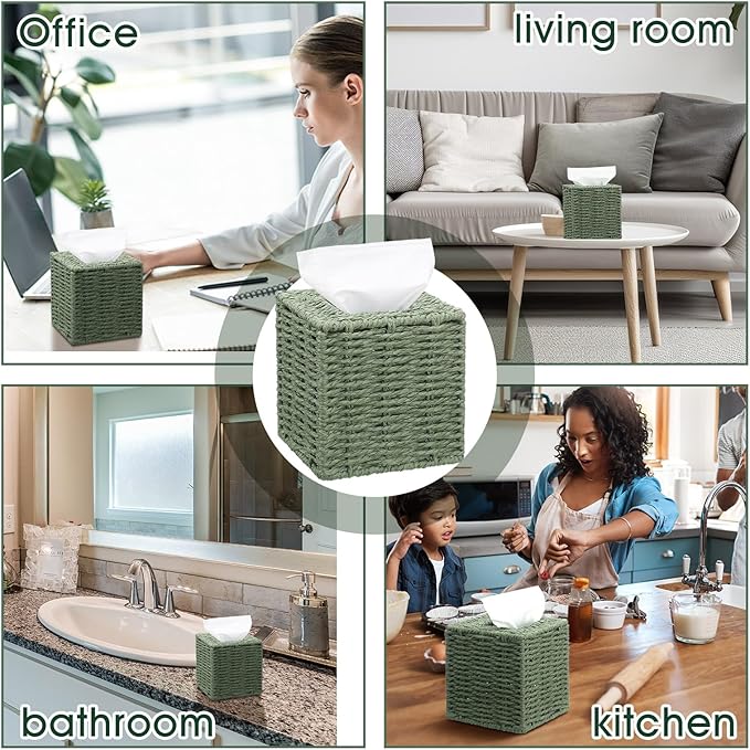 Sage Green Tissue Box Cover Square Natural Paper Rope Hand Woven Tissue Box Holder for Bathroom Living Room Bedroom Kitchen Table Desk Office Boho Home Decor