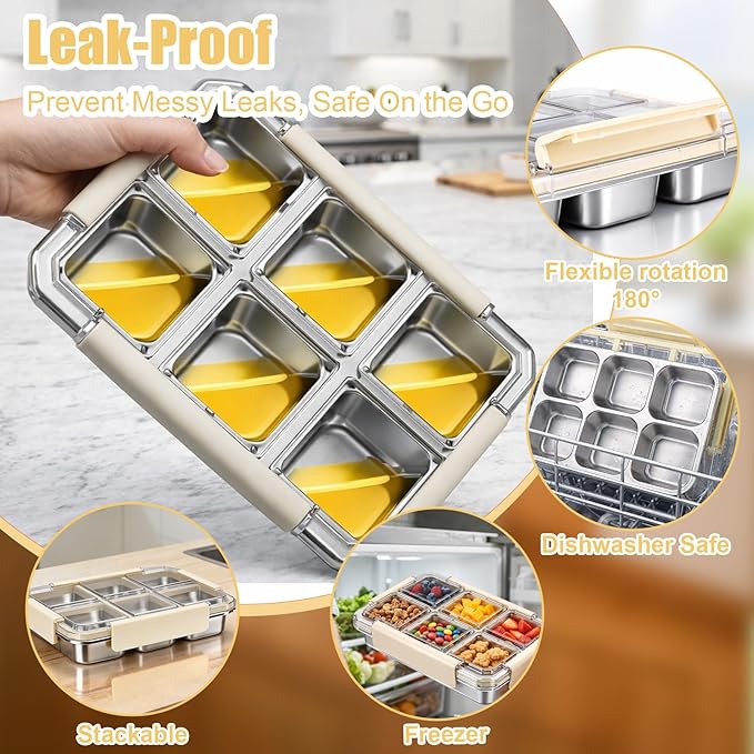 Palksky Snack Box Stainless Steel 6 Compartment, Reusable Snack Containers with Lids, Portion Control Snack Boxes for Adults, Ideal for Office Desk, Travel, Picnic & Fitness, 1 Packs