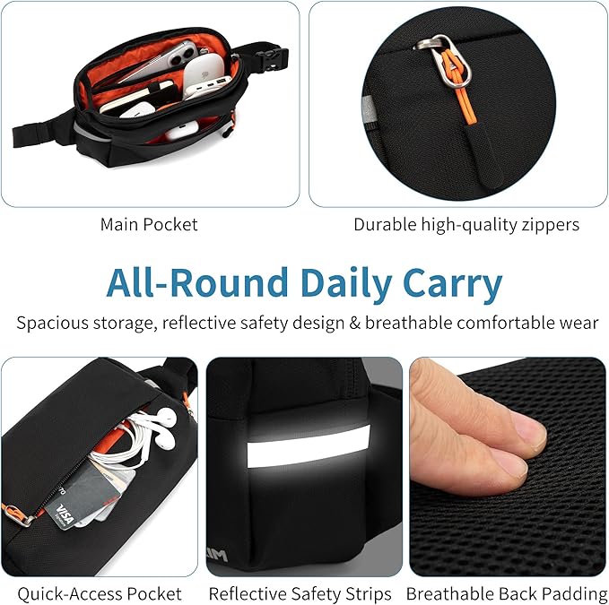 Fanny Pack for Men Women 2L Lightweight Waist Belt Hip Bag Slim Crossbody Sling Bag Adjustable Water Resistant Bum Belt Pouch for Travel Running Shopping Hiking Cycling Climbing EDC BLACK