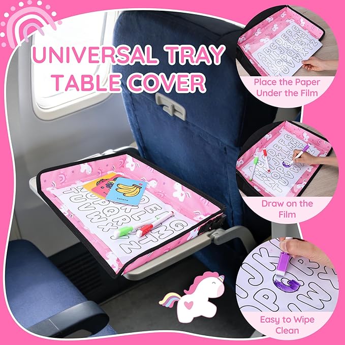 Kids Tray Table Cover, Airplane Tray Cover with Pockets, Airplane Travel Essentials for Kids, Portable Airplane Must Haves for Toddler on Plane or Train and Flying Supplies (Pink)