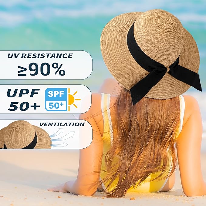 Beach Hat for Women, Wide Brim Sun Straw Hats for Women, Sun Hat Womens UPF 50+ UV Protection, Floppy Foldable Summer Hats