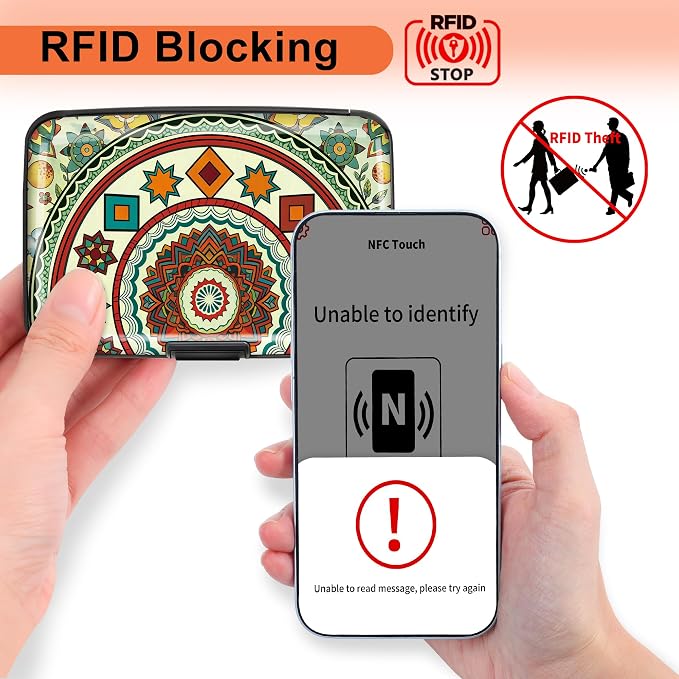 Mayski 2 Pack Credit Card Holder for Women, RFID Blocking, Red Mandala Aluminum Alloy Hard Case, Small Mini Business Metal Wallet for Men