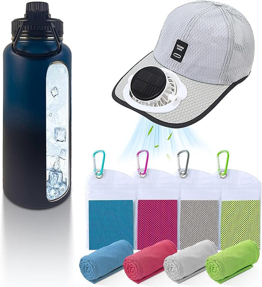 3-Piece Cooling Set for Summer Sports & Game Day, Solar Fan Hat, Insulated Water Bottle, Instant Cooling Towels, Soccer Events, Stadium, Travel, Outdoor Work Essentials