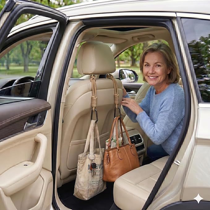 360° Rotating Car Seat Headrest Hooks, Universal Car Organizer Hooks for Bags and Groceries, Brown 2pc